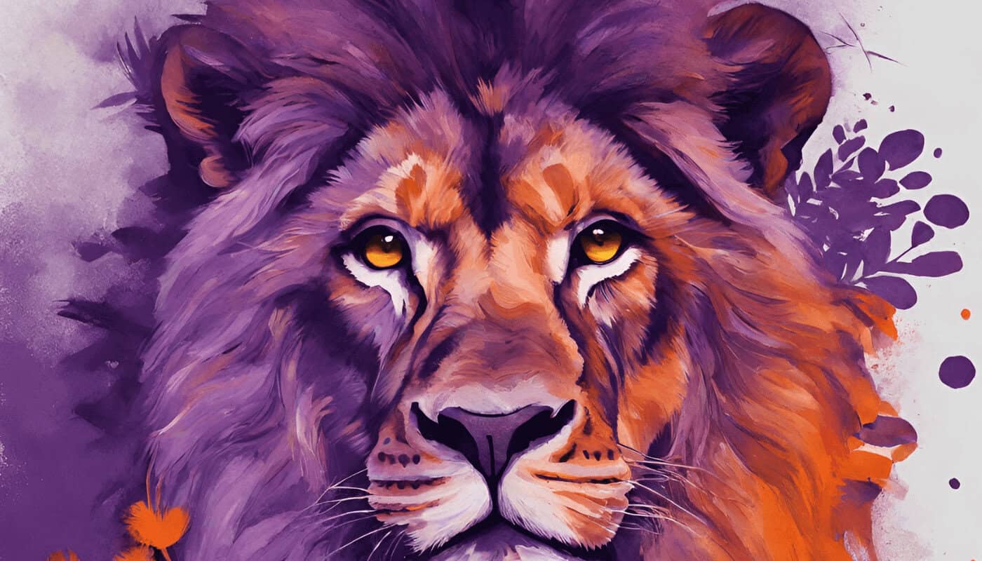 Lush lion portrait with vibrant purple and orange hues, detailed digital art illustration.